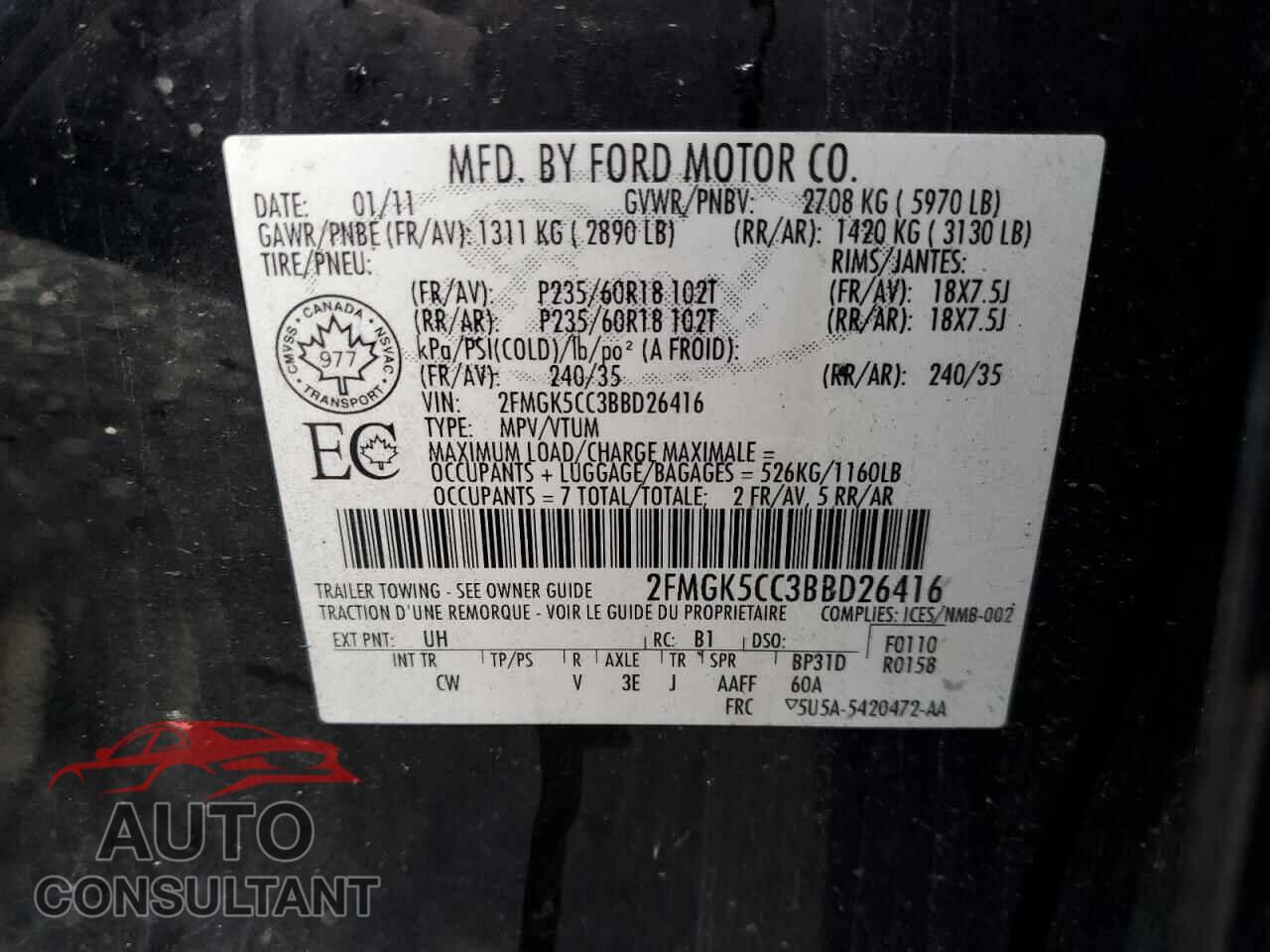 FORD FLEX 2011 - 2FMGK5CC3BBD26416