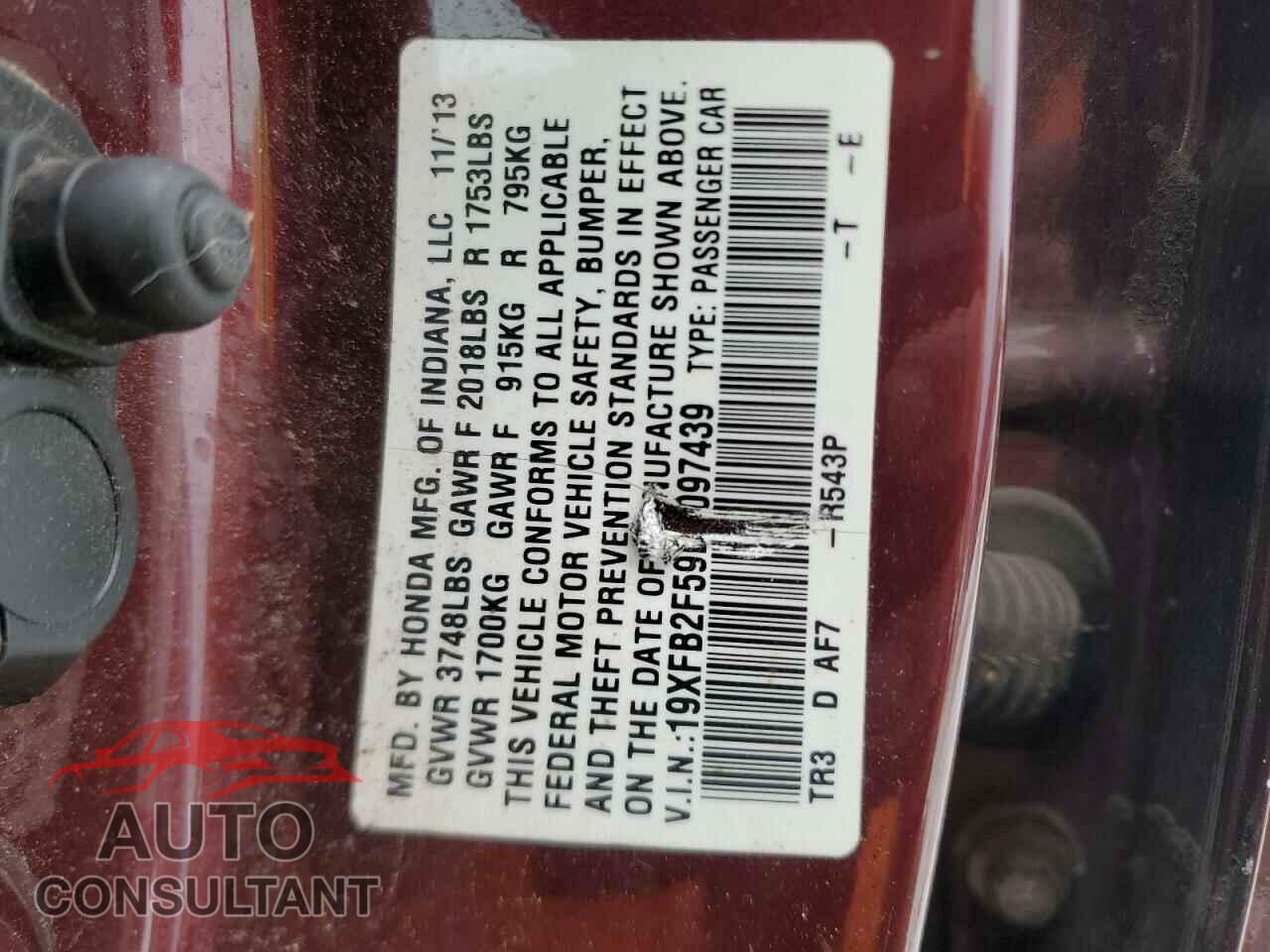 HONDA CIVIC 2013 - 19XFB2F59DE097439