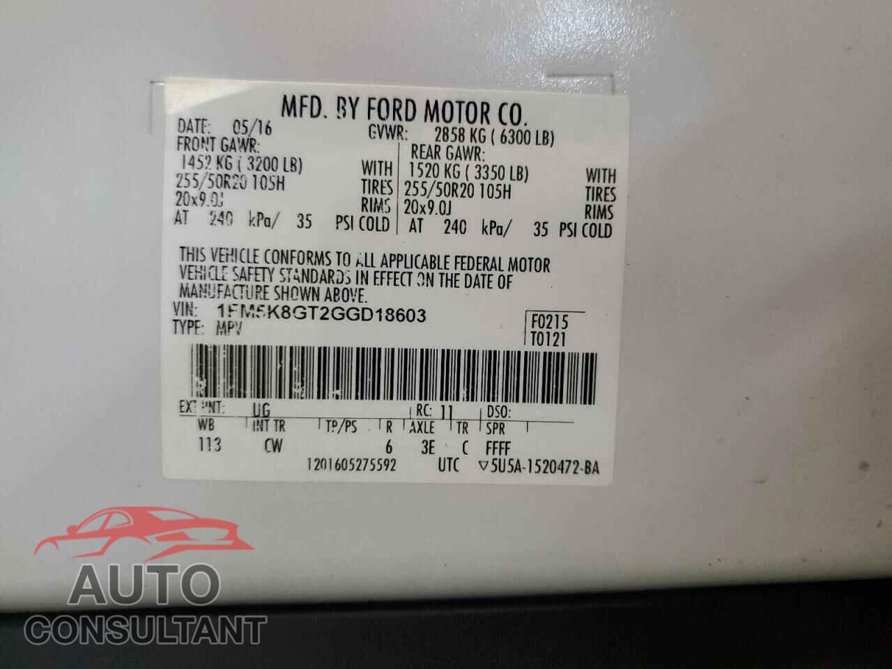 FORD EXPLORER 2016 - 1FM5K8GT2GGD18603