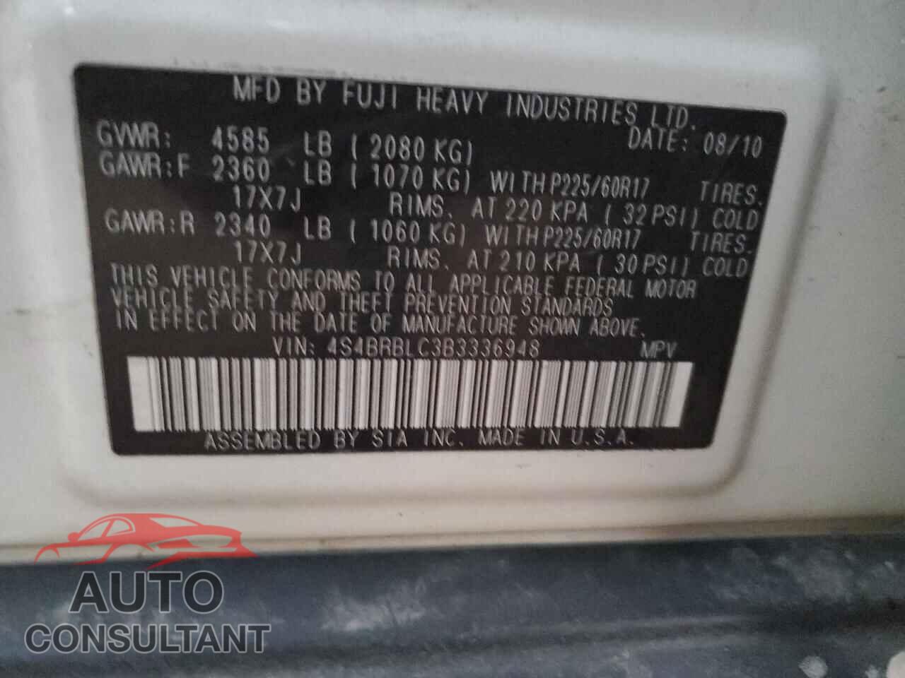 SUBARU OUTBACK 2011 - 4S4BRBLC3B3336948