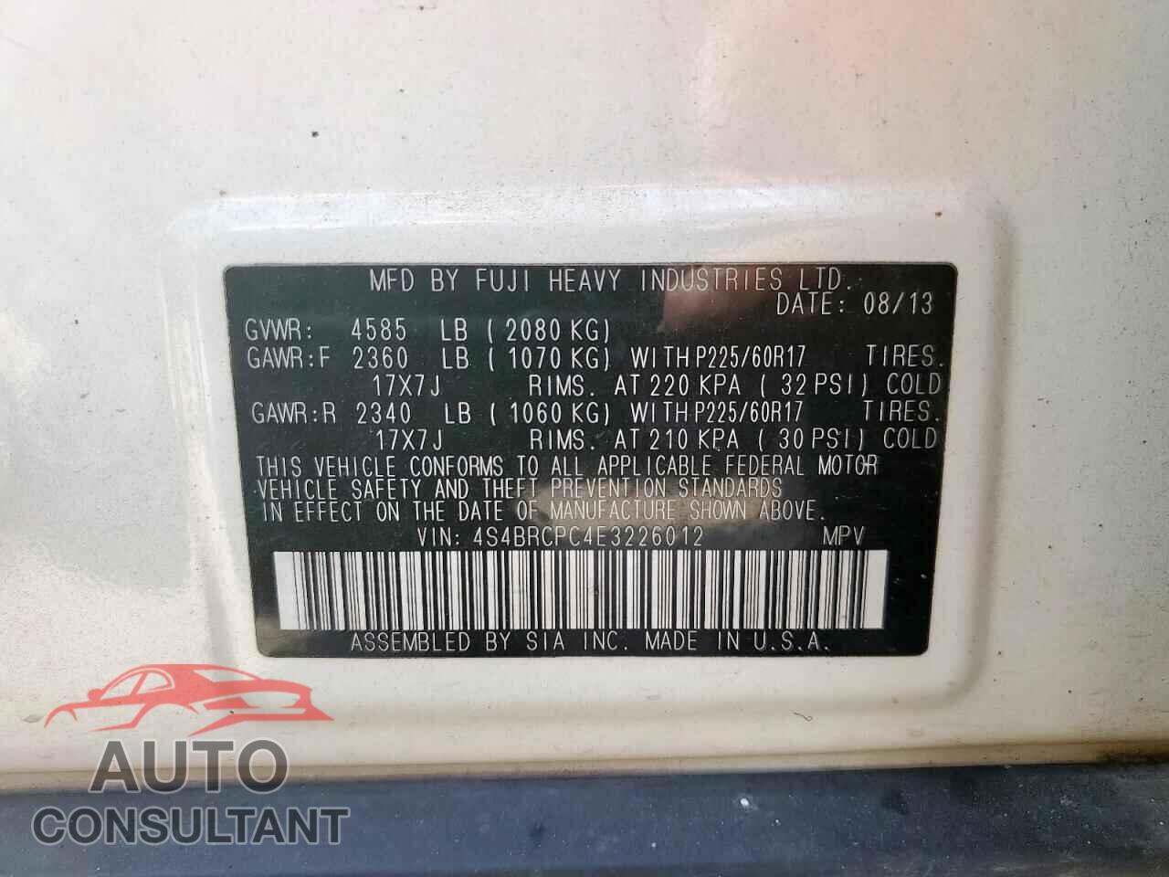 SUBARU OUTBACK 2014 - 4S4BRCPC4E3226012