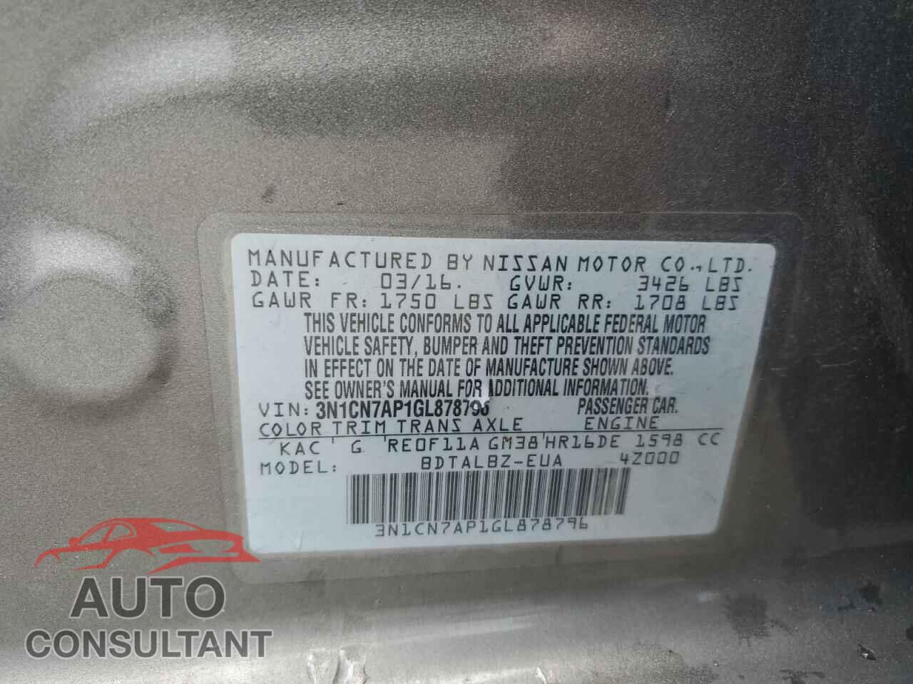 NISSAN VERSA 2016 - 3N1CN7AP1GL878796