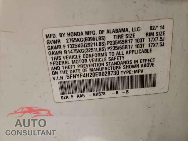 HONDA PILOT 2014 - 5FNYF4H20EB028730