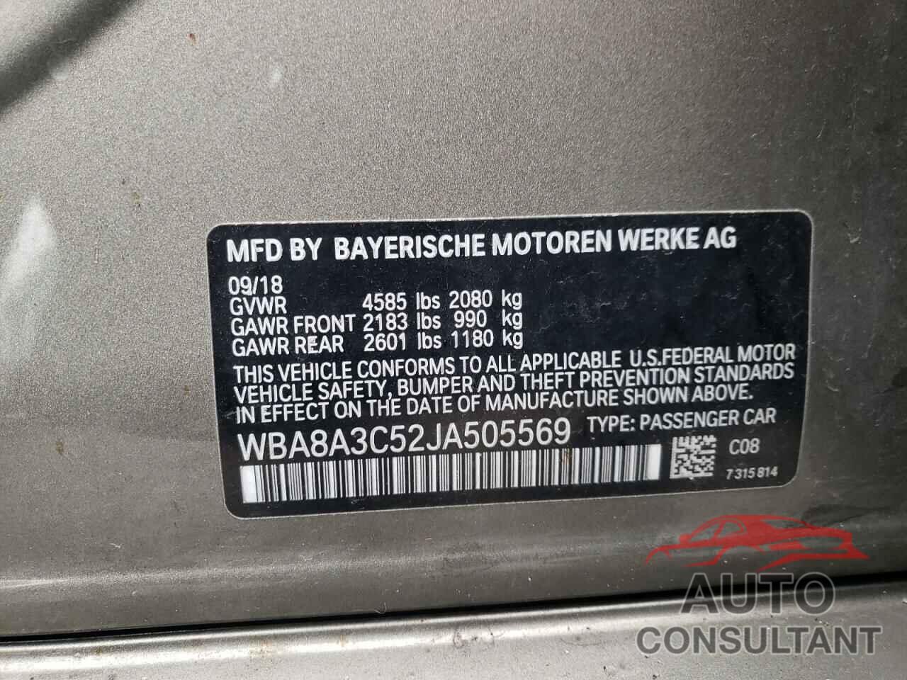 BMW 3 SERIES 2018 - WBA8A3C52JA505569
