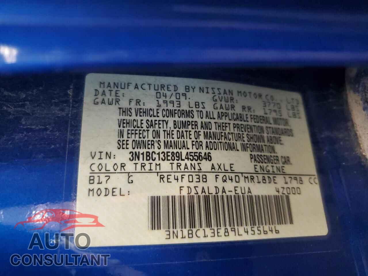 NISSAN VERSA 2009 - 3N1BC13E89L455646