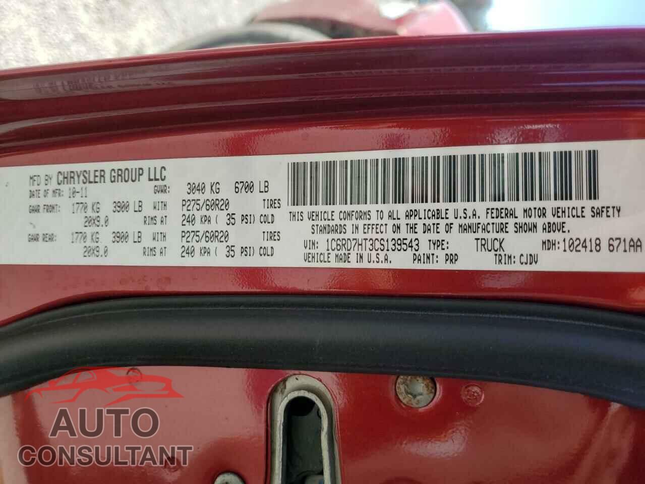 DODGE RAM 1500 2012 - 1C6RD7HT3CS139543