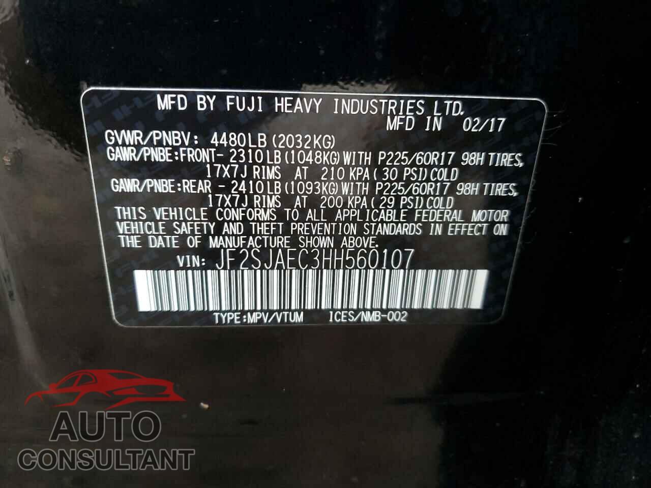SUBARU FORESTER 2017 - JF2SJAEC3HH560107