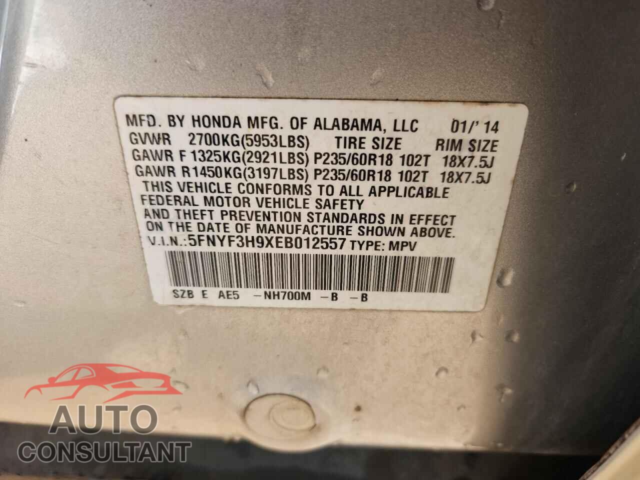 HONDA PILOT 2014 - 5FNYF3H9XEB012557