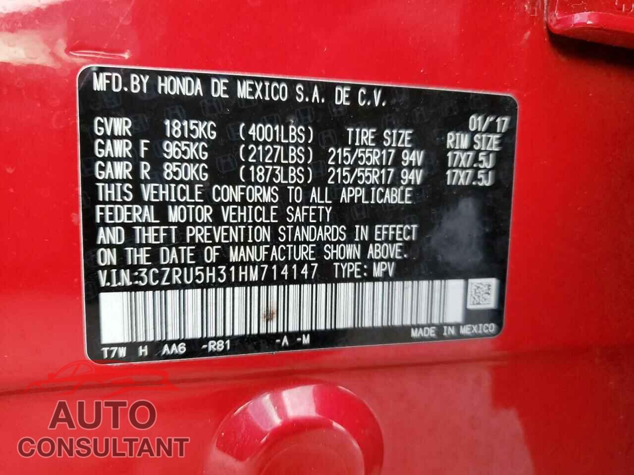 HONDA HR-V 2017 - 3CZRU5H31HM714147