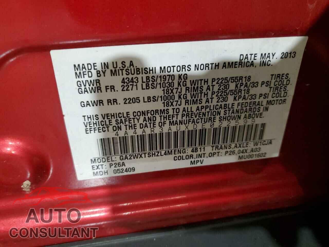 MITSUBISHI OUTLANDER 2013 - 4A4AR3AUXDE022599