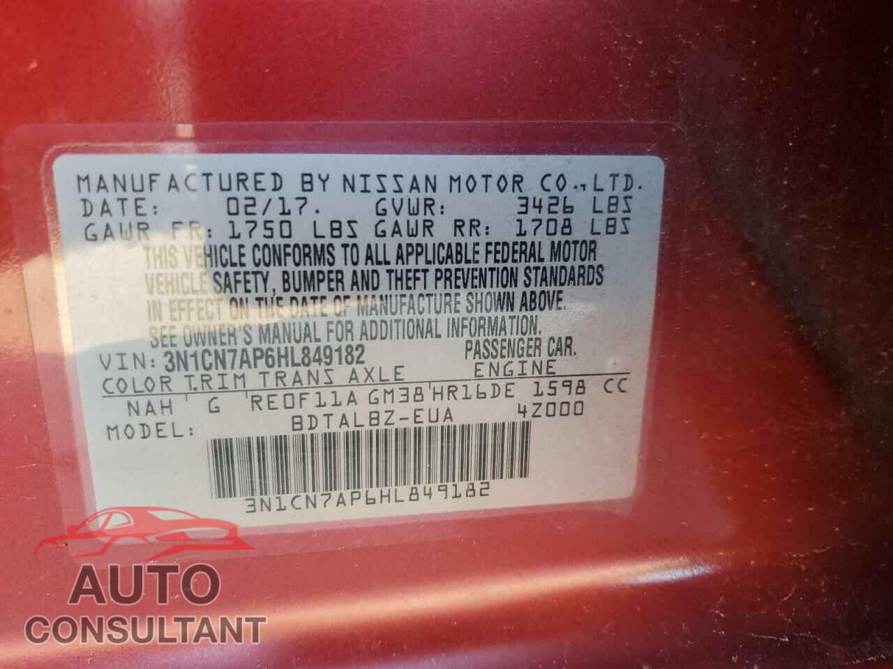 NISSAN VERSA 2017 - 3N1CN7AP6HL849182