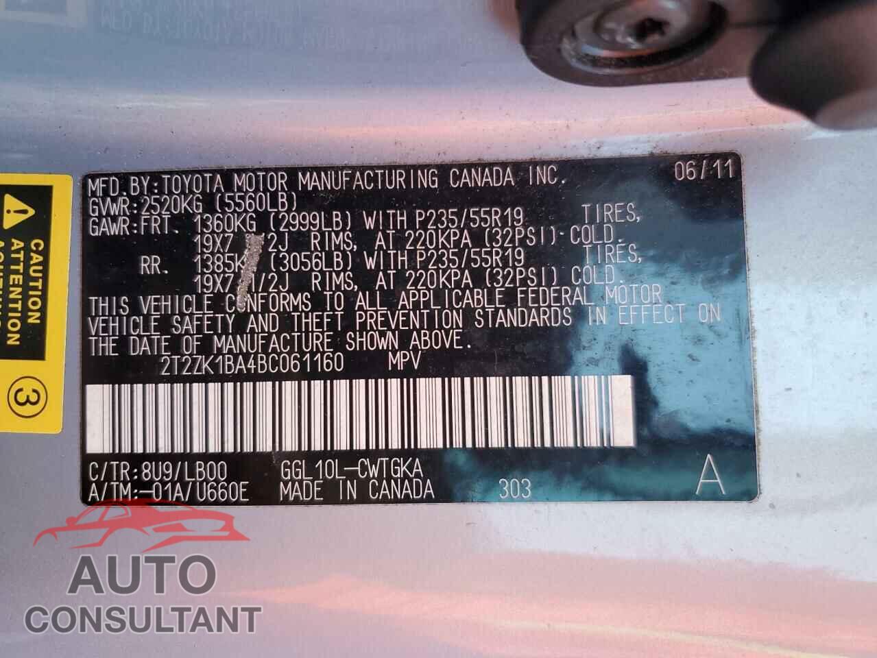 LEXUS RX350 2011 - 2T2ZK1BA4BC061160
