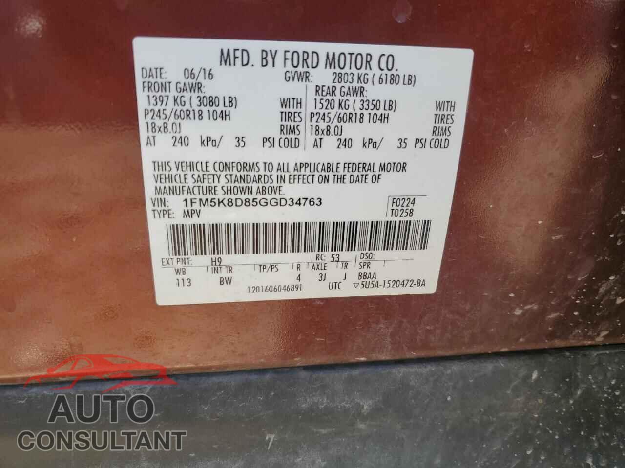 FORD EXPLORER 2016 - 1FM5K8D85GGD34763