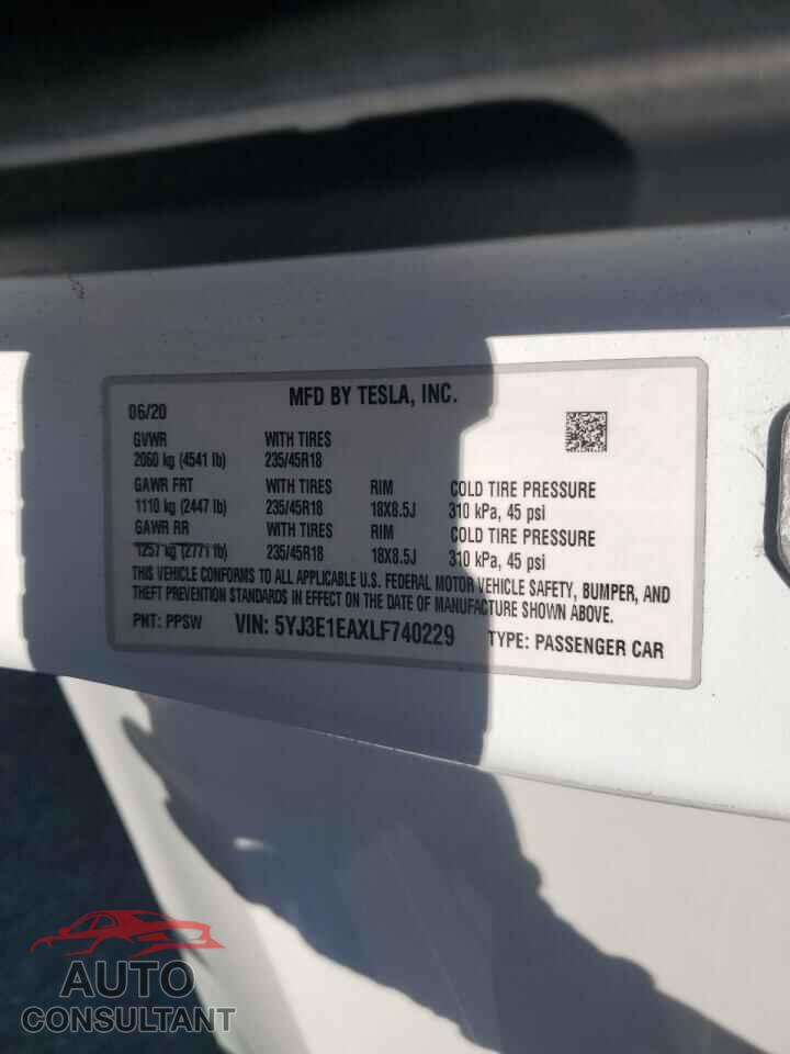 TESLA MODEL 3 2020 - 5YJ3E1EAXLF740229