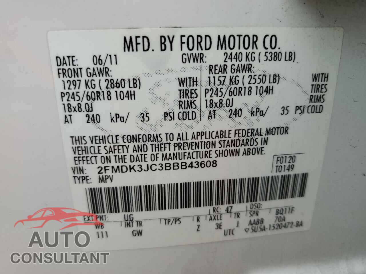 FORD EDGE 2011 - 2FMDK3JC3BBB43608