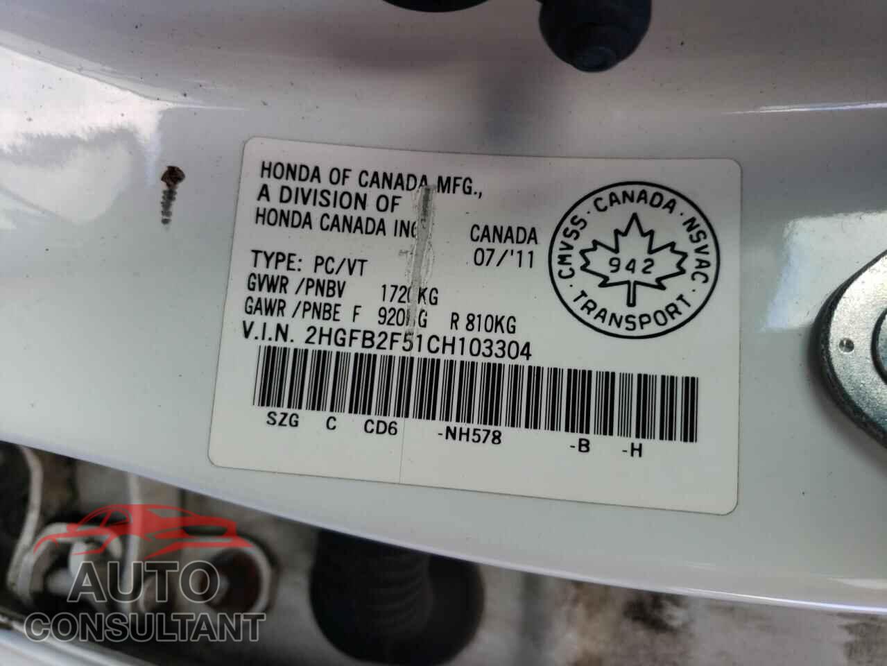 HONDA CIVIC 2012 - 2HGFB2F51CH103304