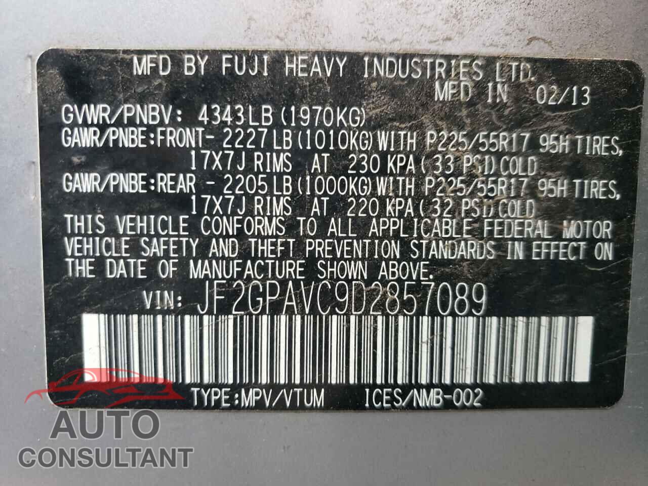 SUBARU XV 2013 - JF2GPAVC9D2857089