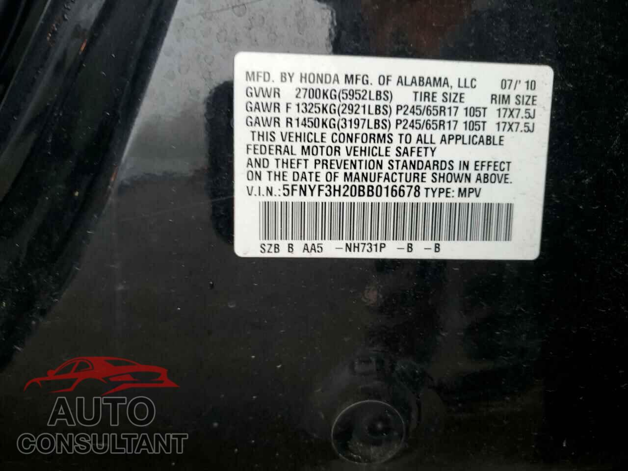 HONDA PILOT 2011 - 5FNYF3H20BB016678