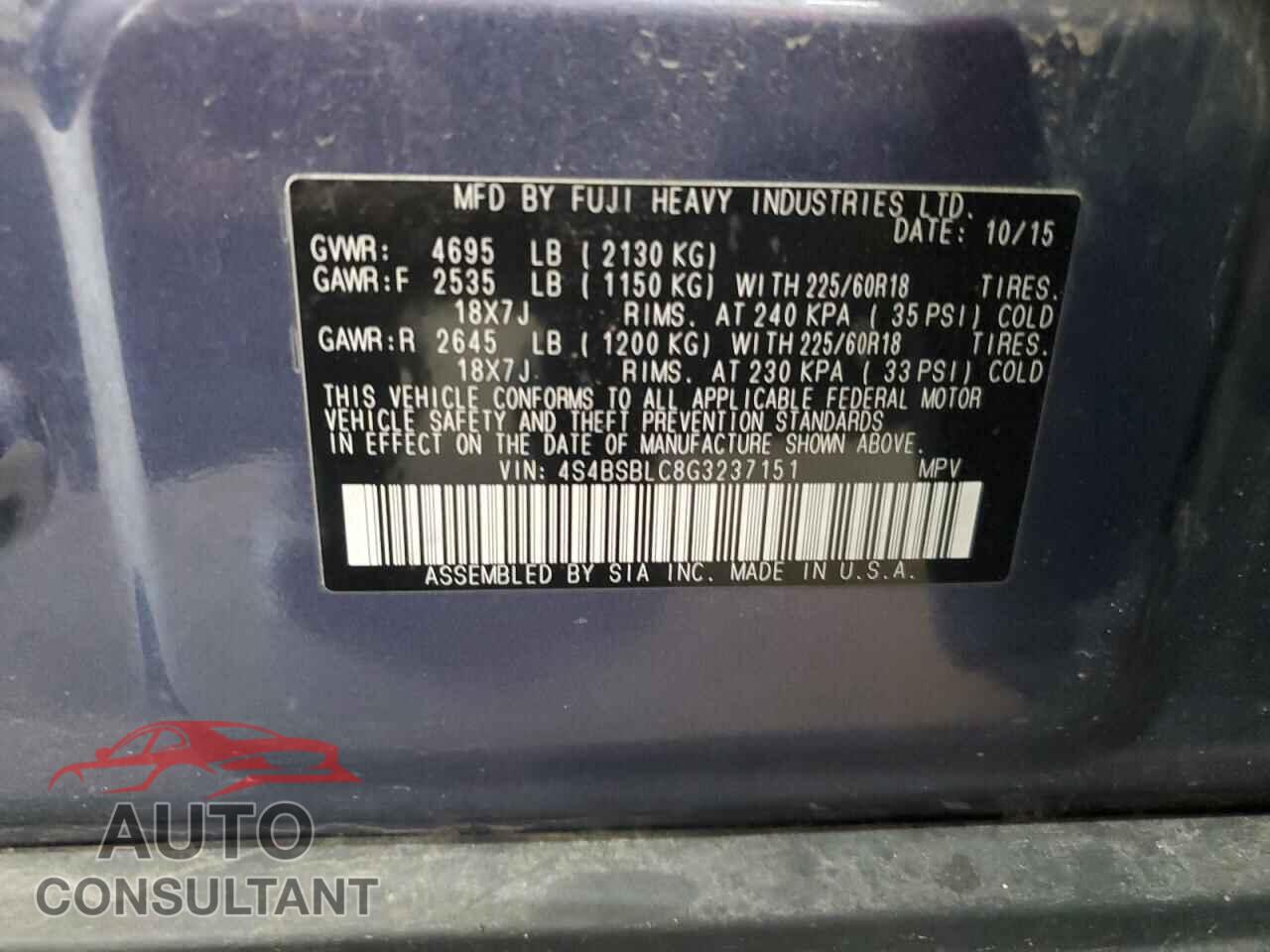 SUBARU OUTBACK 2016 - 4S4BSBLC8G3237151