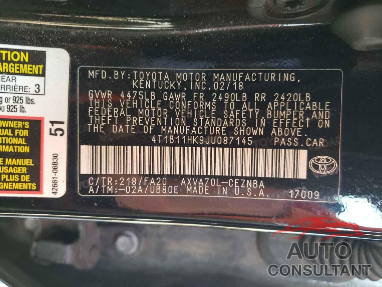 TOYOTA CAMRY 2018 - 4T1B11HK9JU087145