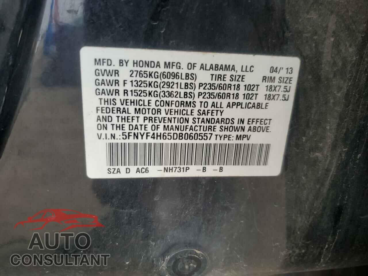 HONDA PILOT 2013 - 5FNYF4H65DB060557