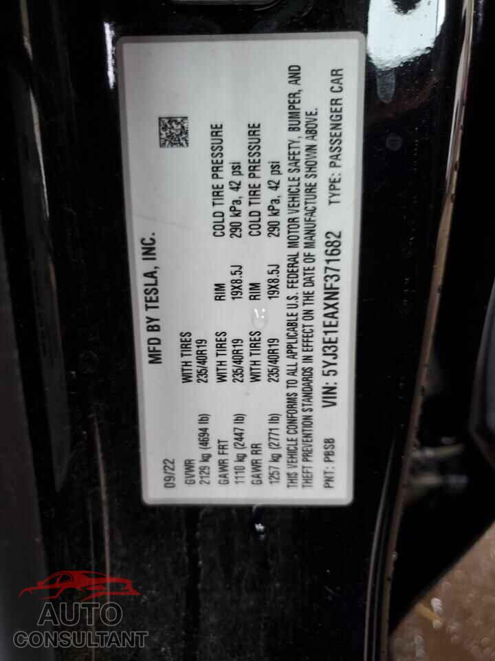 TESLA MODEL 3 2022 - 5YJ3E1EAXNF371682