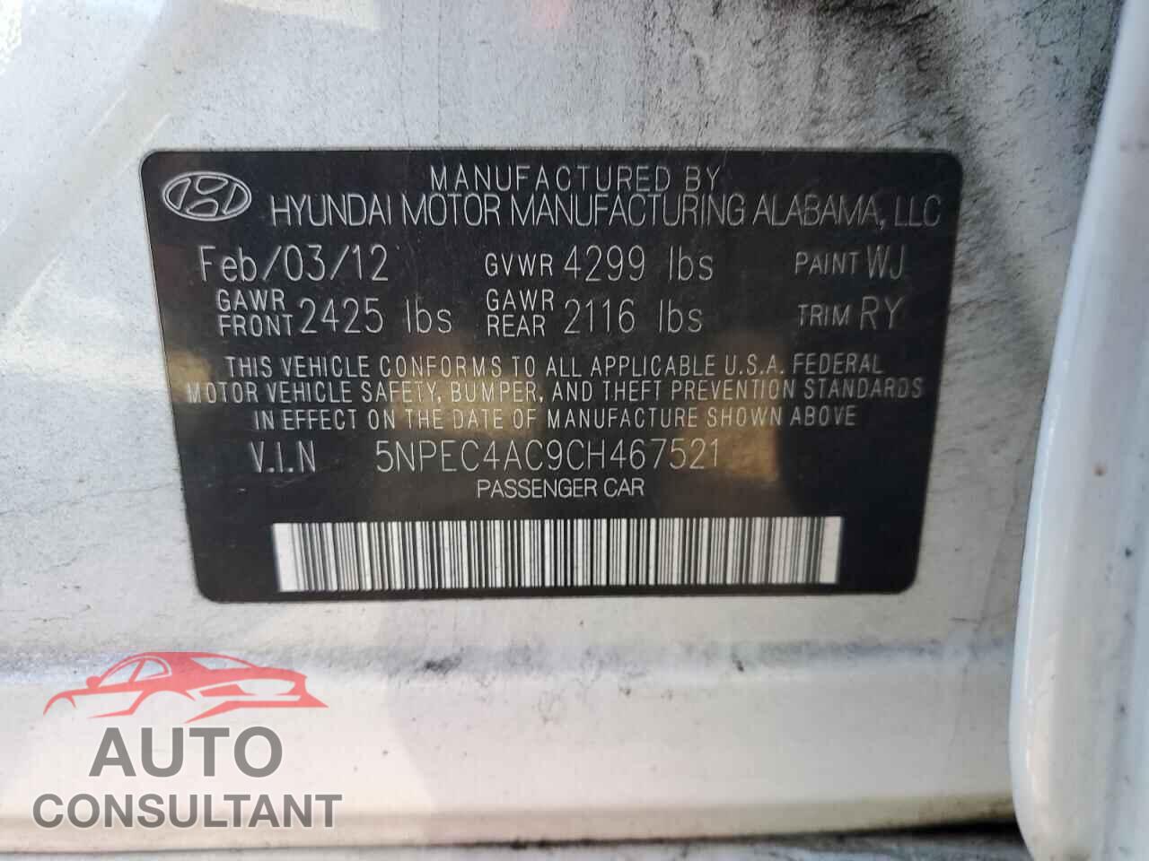 HYUNDAI SONATA 2012 - 5NPEC4AC9CH467521