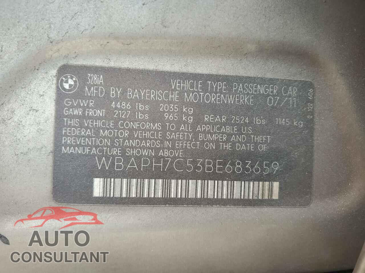BMW 3 SERIES 2011 - WBAPH7C53BE683659