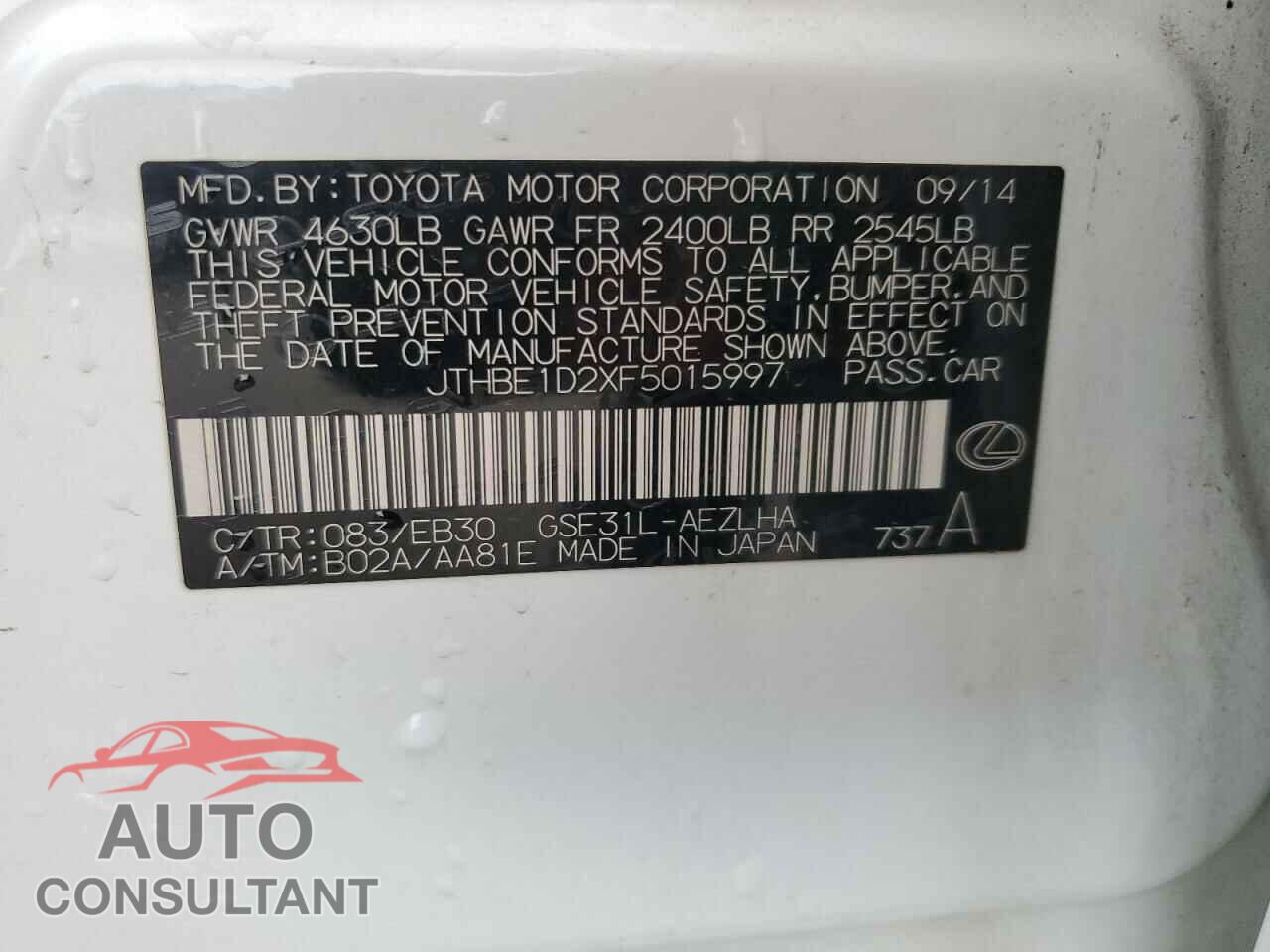 LEXUS IS 2015 - JTHBE1D2XF5015997