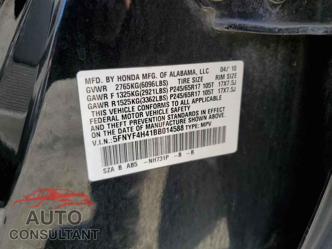 HONDA PILOT 2011 - 5FNYF4H41BB014588