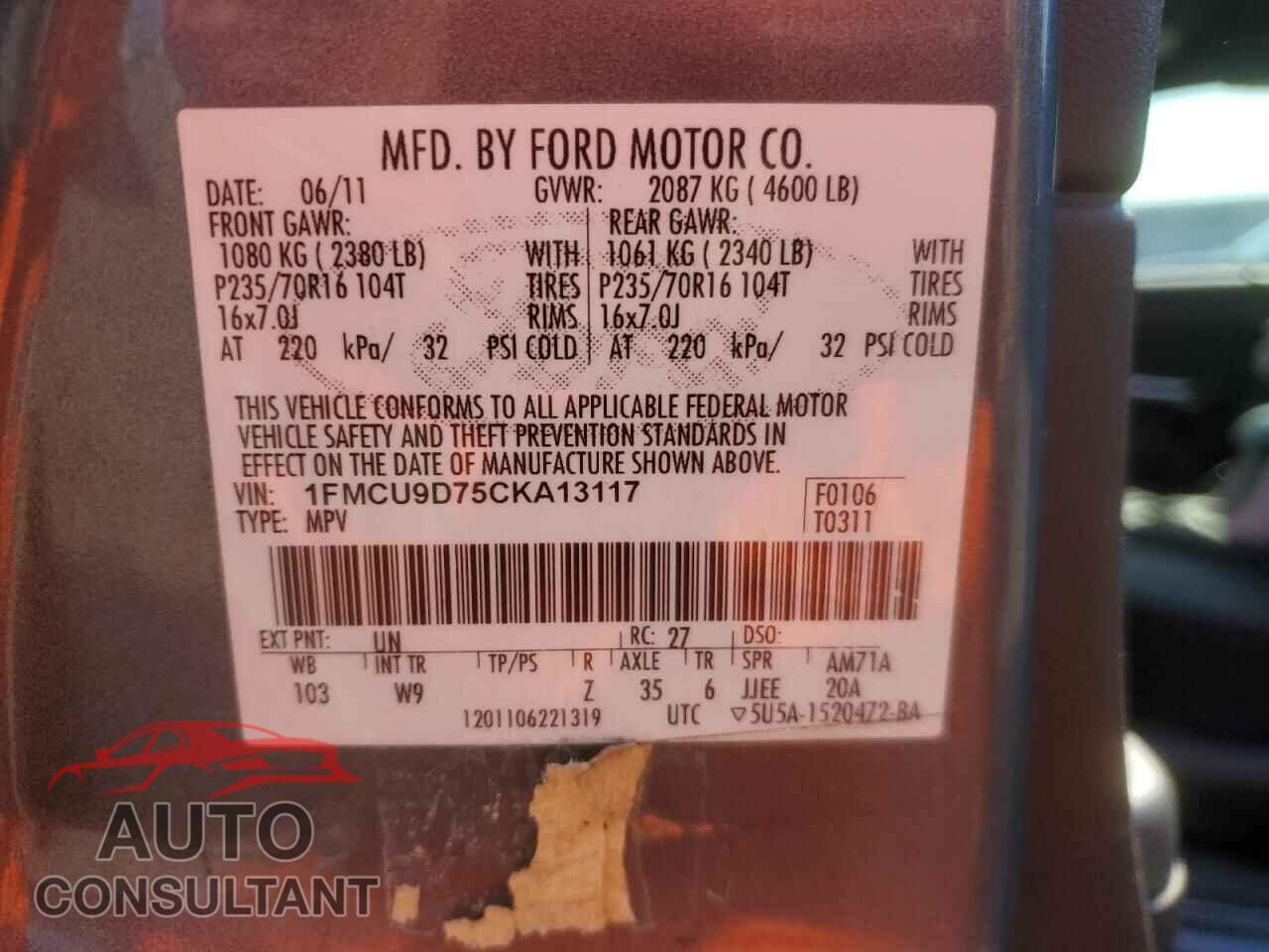 FORD ESCAPE 2012 - 1FMCU9D75CKA13117