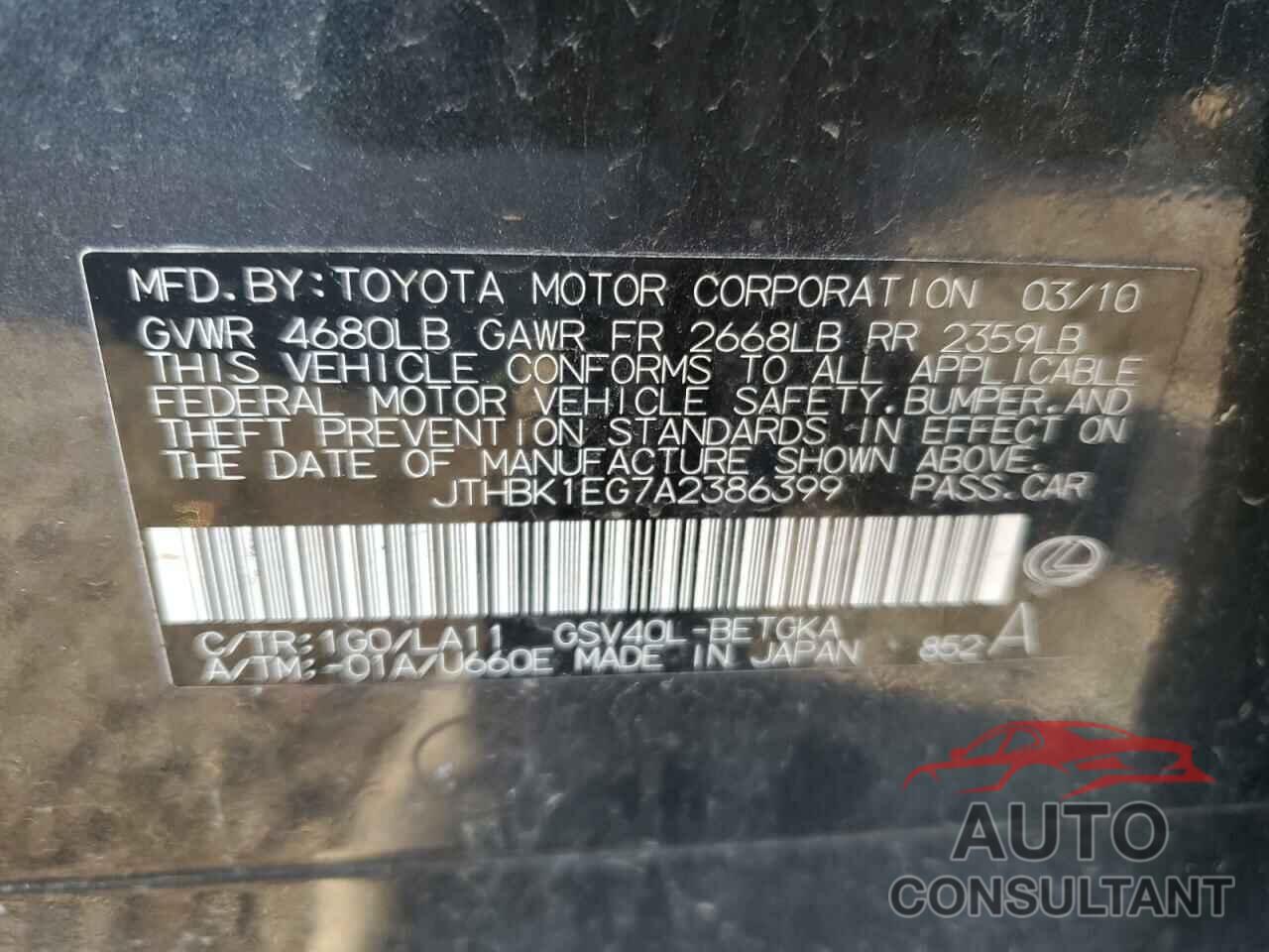 LEXUS ES350 2010 - JTHBK1EG7A2386399