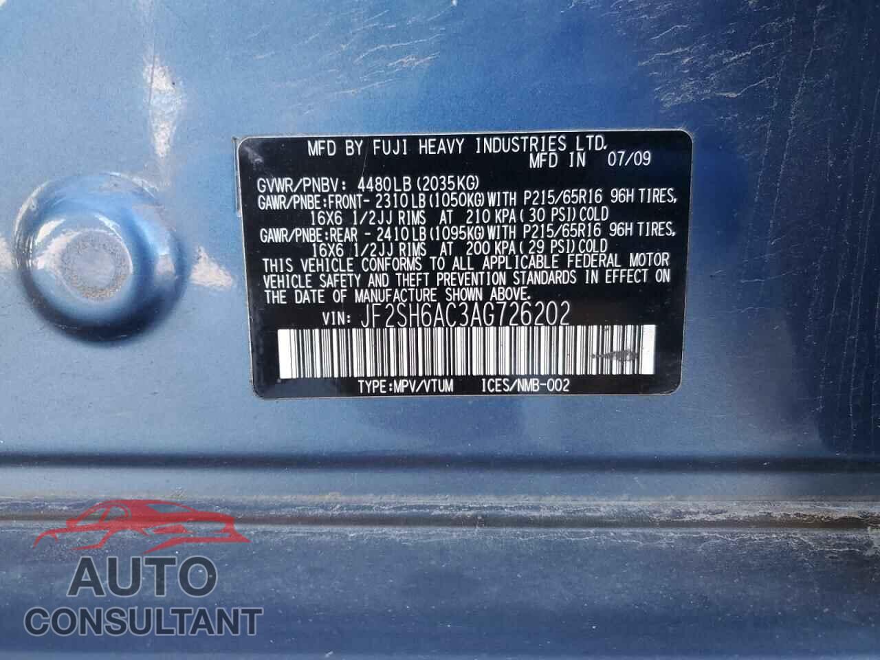SUBARU FORESTER 2010 - JF2SH6AC3AG726202