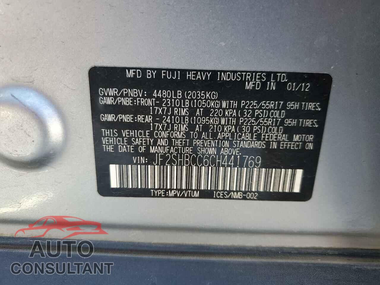 SUBARU FORESTER 2012 - JF2SHBCC6CH441769