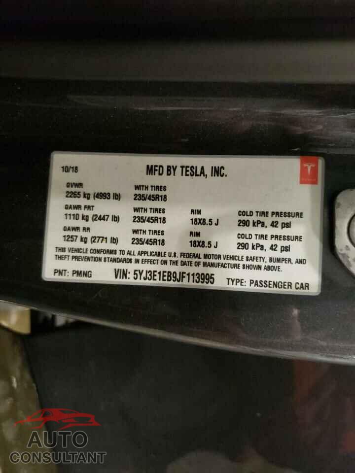 TESLA MODEL 3 2018 - 5YJ3E1EB9JF113995
