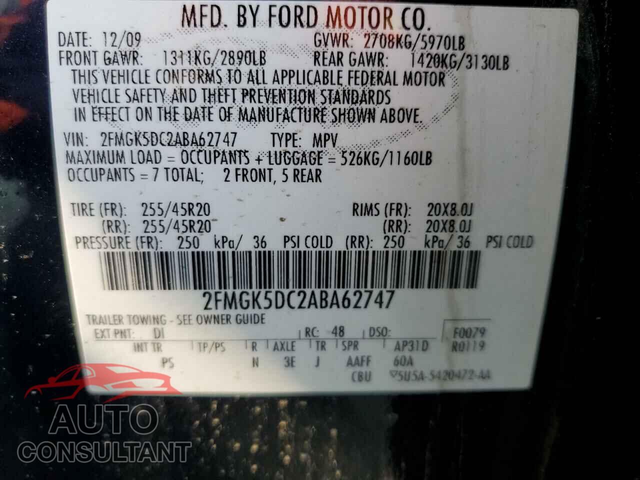 FORD FLEX 2010 - 2FMGK5DC2ABA62747