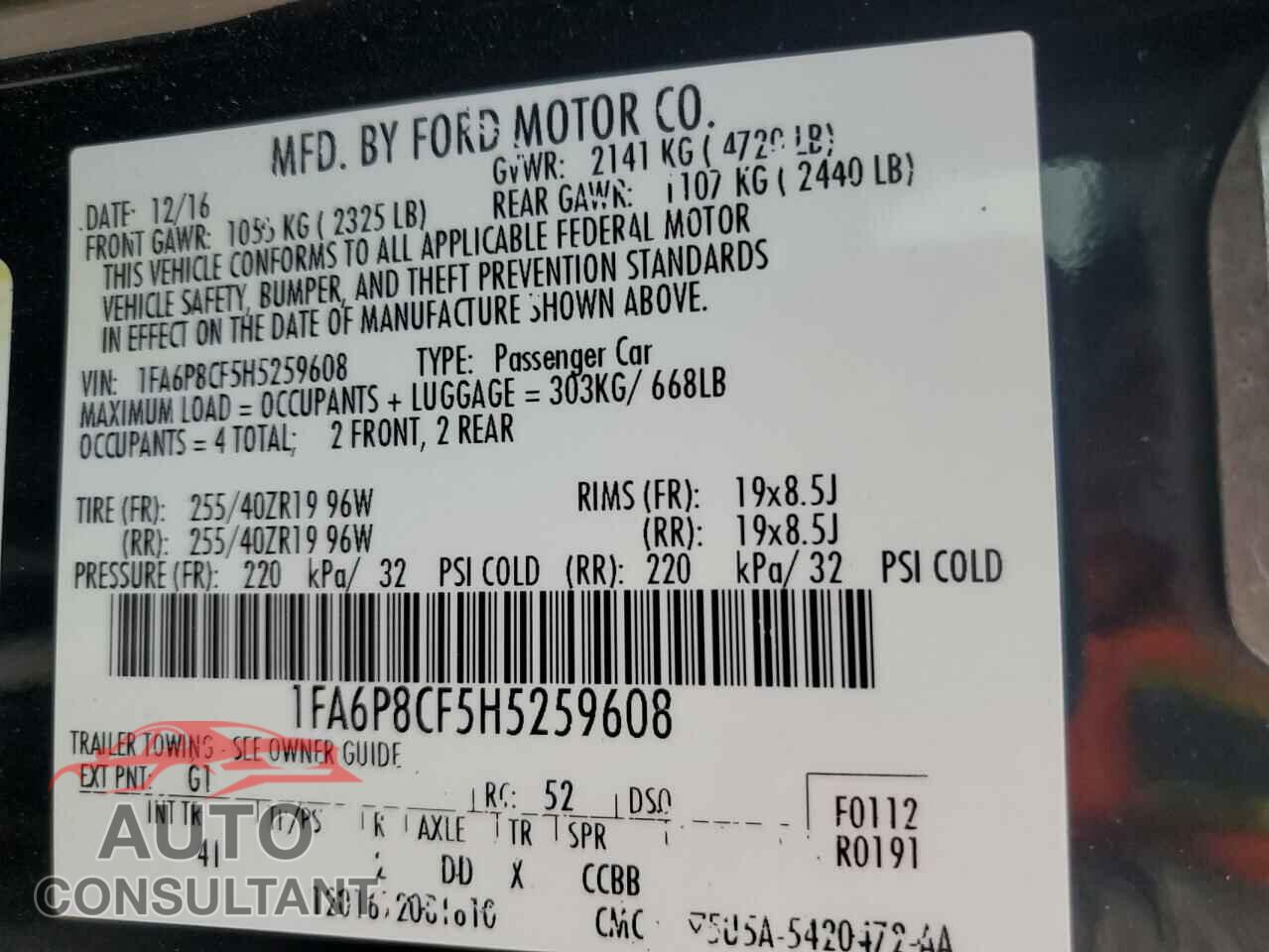 FORD MUSTANG 2017 - 1FA6P8CF5H5259608