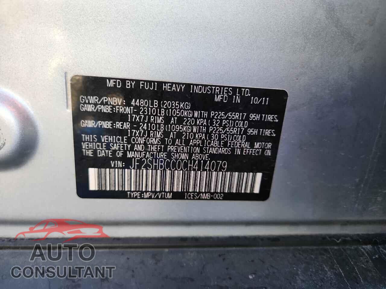 SUBARU FORESTER 2012 - JF2SHBCC0CH414079