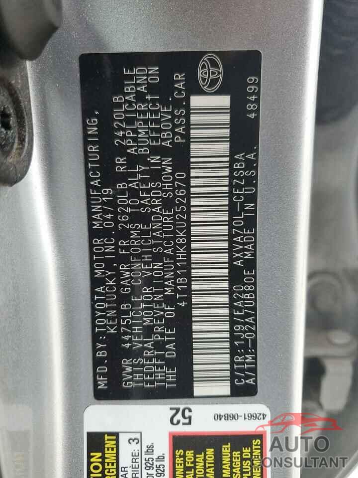 TOYOTA CAMRY 2019 - 4T1B11HK8KU252670