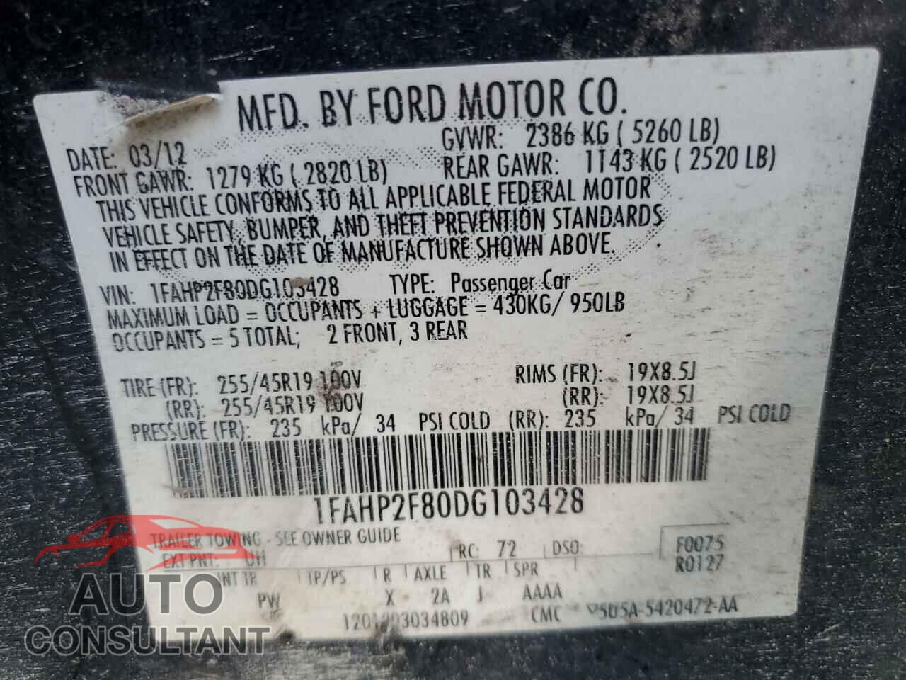 FORD TAURUS 2013 - 1FAHP2F80DG103428