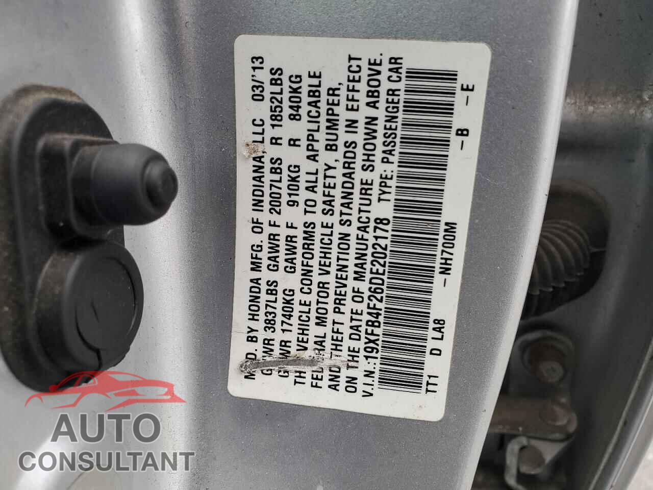 HONDA CIVIC 2013 - 19XFB4F26DE202178