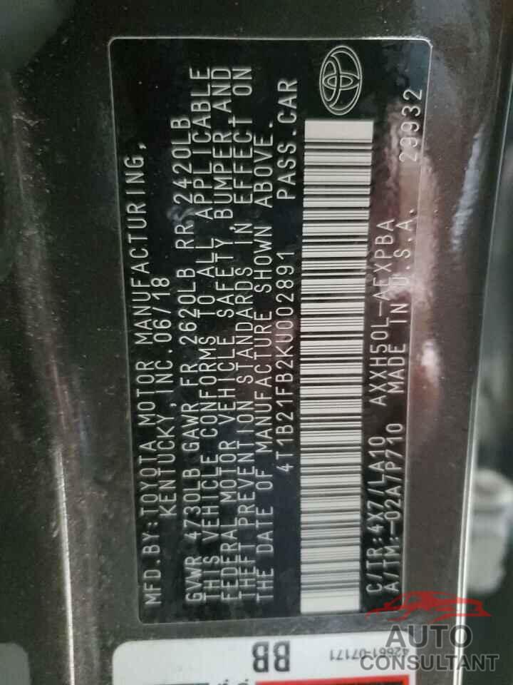 TOYOTA AVALON 2019 - 4T1B21FB2KU002891