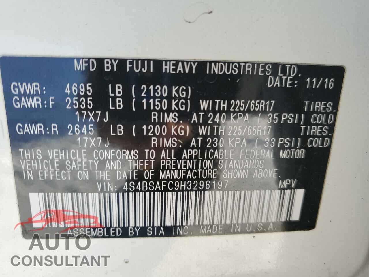 SUBARU OUTBACK 2017 - 4S4BSAFC9H3296197
