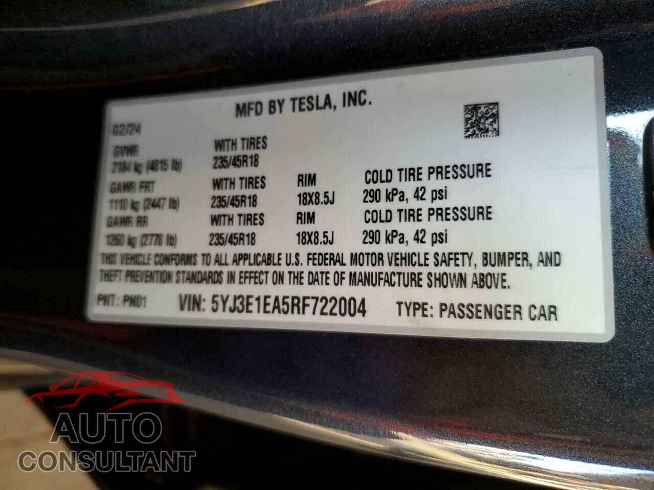 TESLA MODEL 3 2024 - 5YJ3E1EA5RF722004