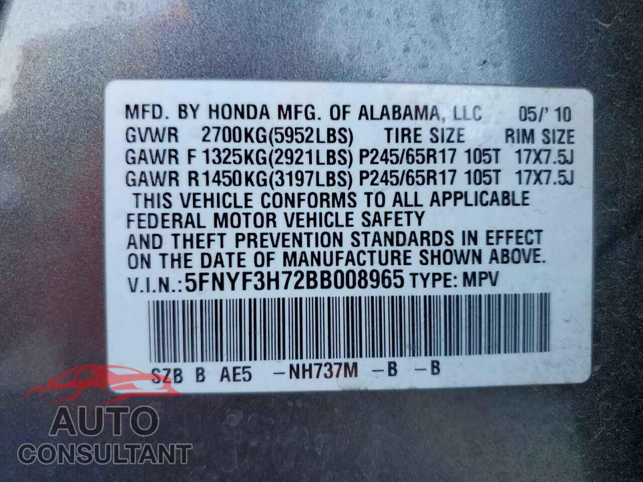 HONDA PILOT 2011 - 5FNYF3H72BB008965