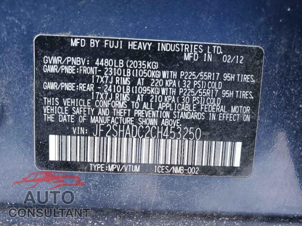 SUBARU FORESTER 2012 - JF2SHADC2CH453250