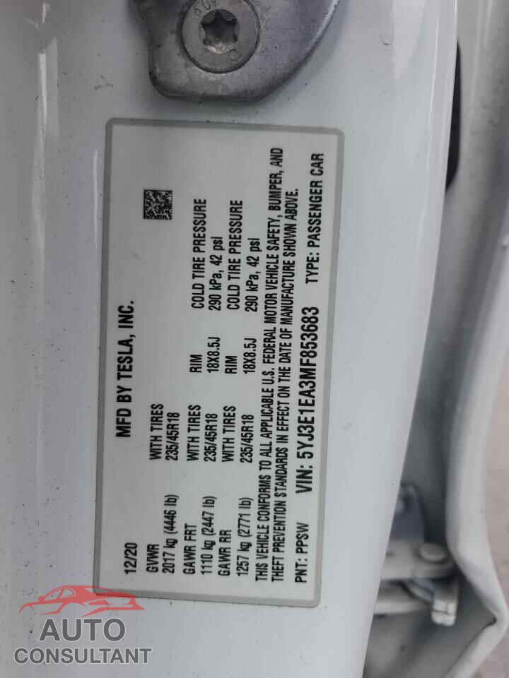 TESLA MODEL 3 2021 - 5YJ3E1EA3MF853683