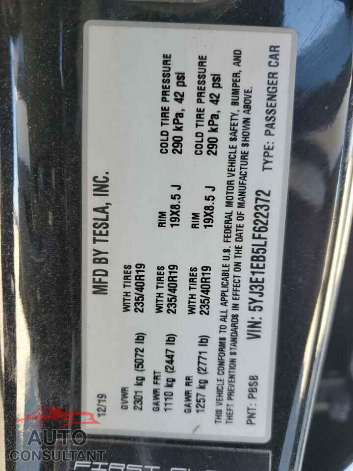 TESLA MODEL 3 2020 - 5YJ3E1EB5LF622372