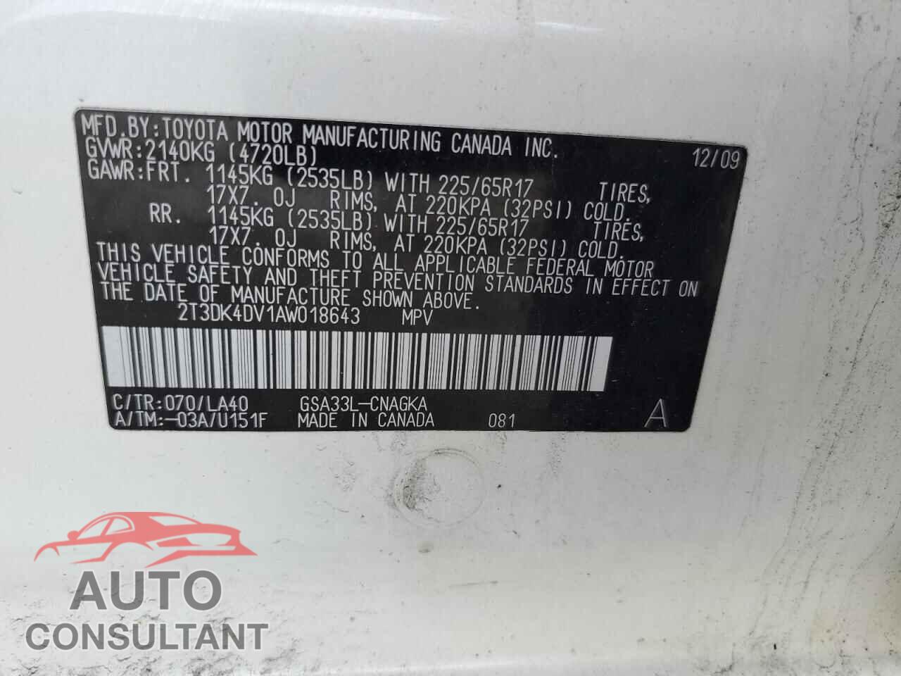 TOYOTA RAV4 2010 - 2T3DK4DV1AW018643