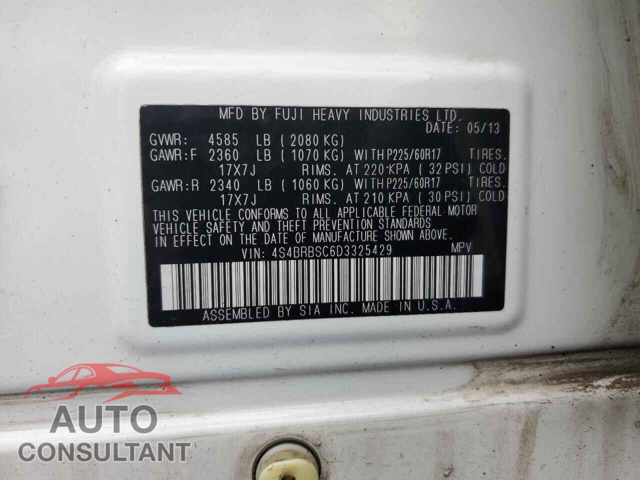 SUBARU OUTBACK 2013 - 4S4BRBSC6D3325429